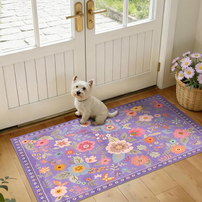 RELEANY Floral 2x4 Area Rugs Washable Print Boho Cute Carpet Non Slip Flower by RELEANY