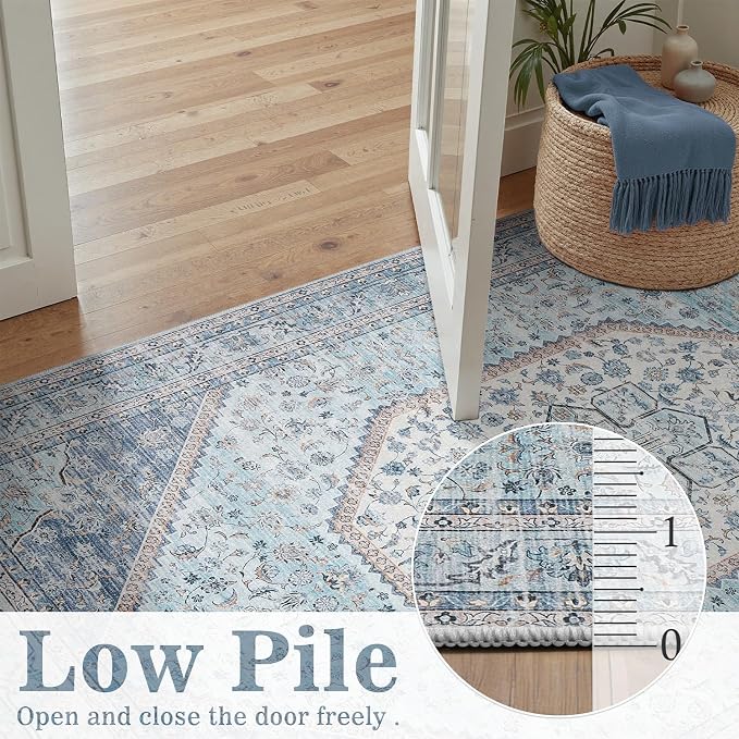 DCX Machine Washable Blue Entryway Rug 2x3, Non Slip Stain Resistant Vintage - Image 3