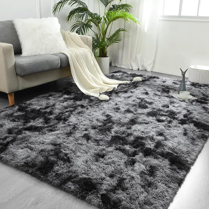 FlyDOIT Large Area Rugs for Living Room, 4x6 Feet Tie-Dyed Dark Grey Shaggy Rug by FlyDOIT