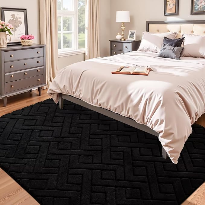 6x9 Black Washable Area Rug for Bedroom Living Room, Modern Geometric Shag - Image 2