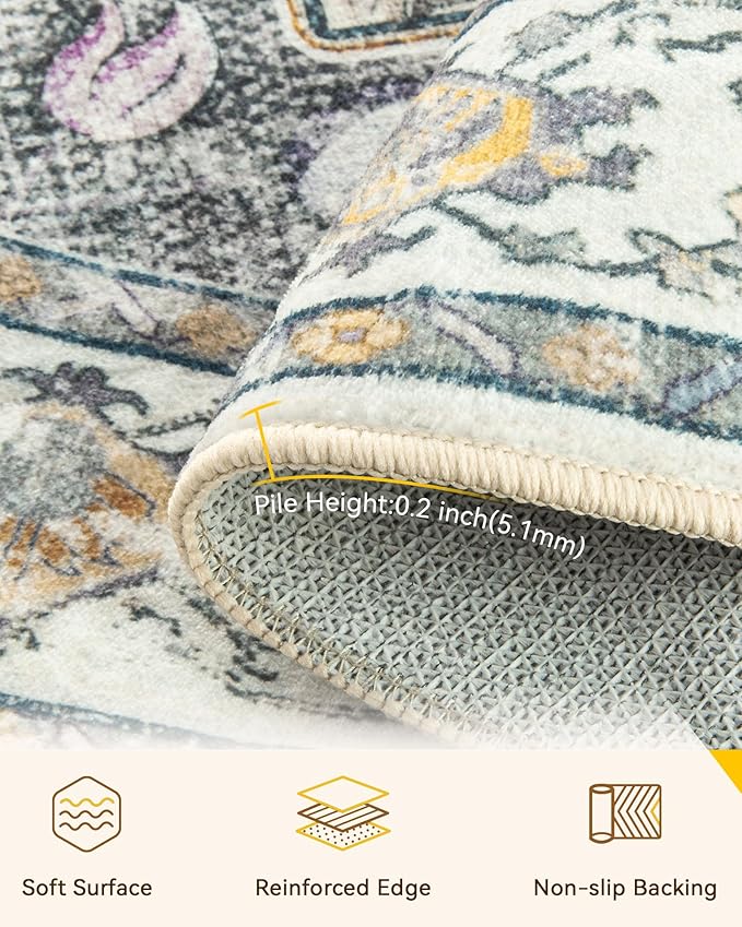 RELEANY Area Rugs Round 5ft Washable Non-Slip, Floral Vintage Distress - Image 3