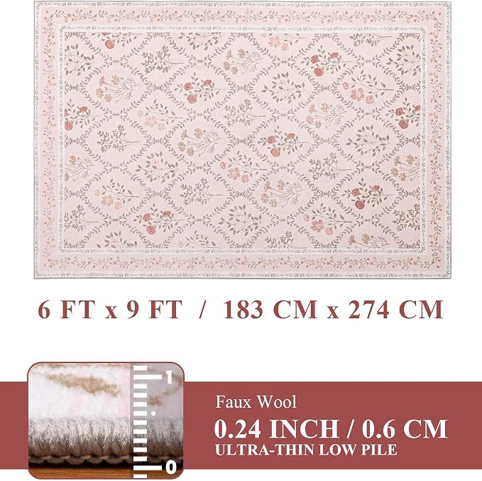 YIHOUSE Pink 6x9 Area Rug for Bedroom Girls, Floral Washable Rugs for Living - Image 9