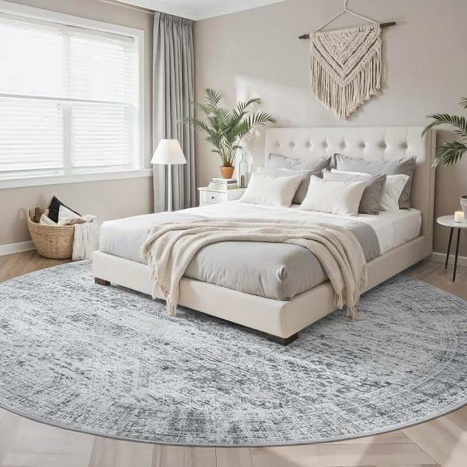 Soalmost 8x8 Grey Round Rug 8ft Living Room Circle Rug Vintage Round Area Rug - Image 2