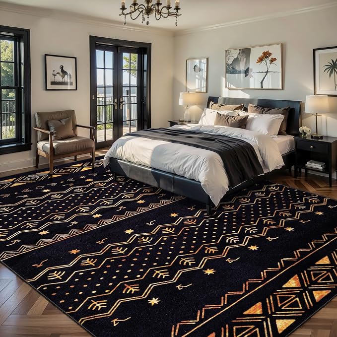 SERISSA 9x12 Area Rugs for Living Room, Washable Non-Slip Black and Gold Boho - Image 2