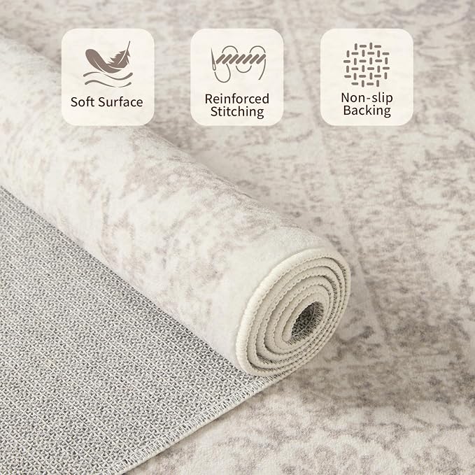 Rugxara 5X7 Washable Area Rug for Living Room, Vintage Neutral Large Boho Rugs - Image 4