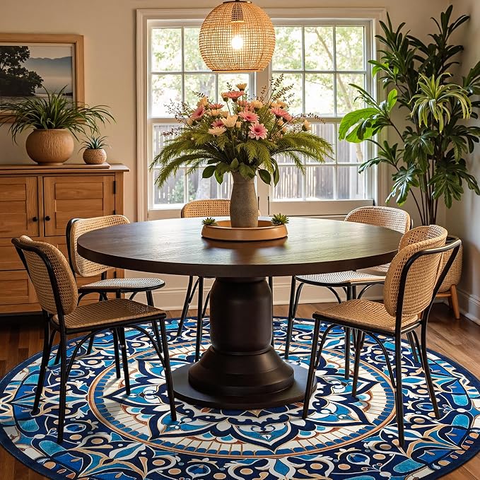 jinchan Mandala Round Rug 8ft Blue Boho Washable Rug Moroccan 8' Round Modern by JINCHAN