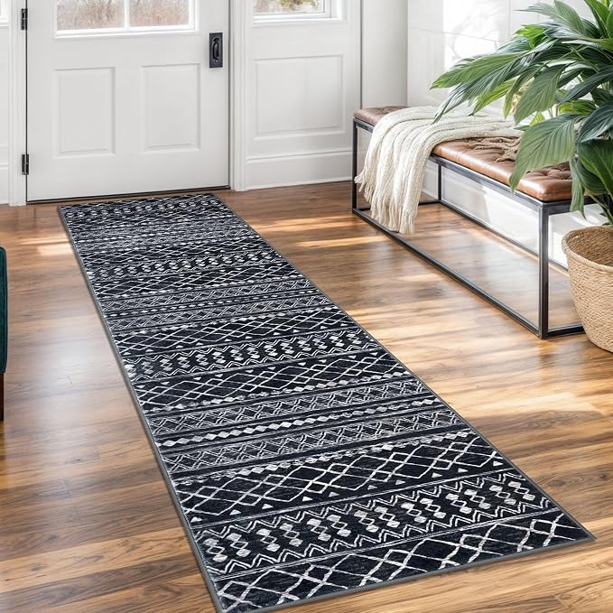 KUTA Moroccan Washable Kitchen Rug, 2x7 Non-Slip Vintage Black Boho Hallway by KUTA