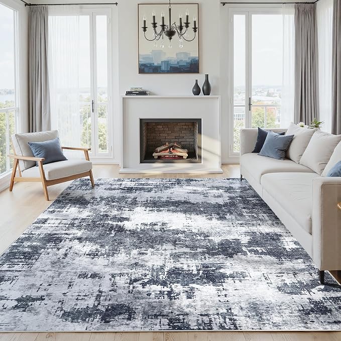 4x6 Area Rugs for Living Room Washable: Abstract Soft Thin Low Pile Black Rug by Oriannal