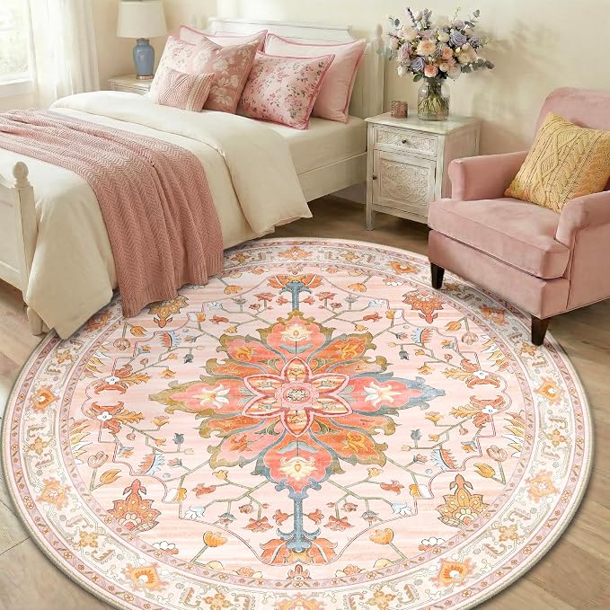 RELEANY Area Rugs Round 6ft Washable Non-Slip, Floral Vintage Distress - Image 2