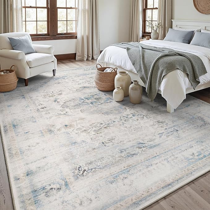 DCX 8x10 Haze Blue Rug, Machine Washable Stain Resistant Distressed Vintage Rug - Image 2