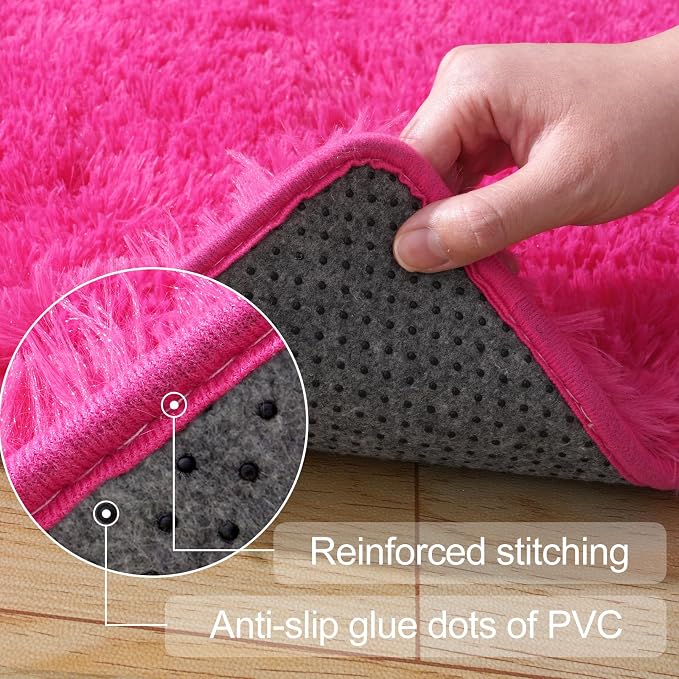qulint Hot Pink Rugs for Bedroom Girls, 3x5 Area Rug Fluffy Shaggy Kids Rug - Image 3