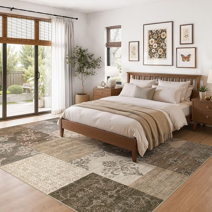 UERMEI 9x12 Area Rug for Living Room, Washable Brown Modern Geometric Patchwork - Image 3