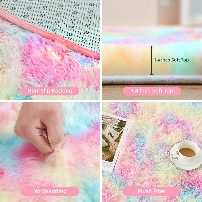 Litanika 4x6 Shag Area Rug for Living Room Bedroom, Tie-Dyed Rainbow High Pile - Image 5