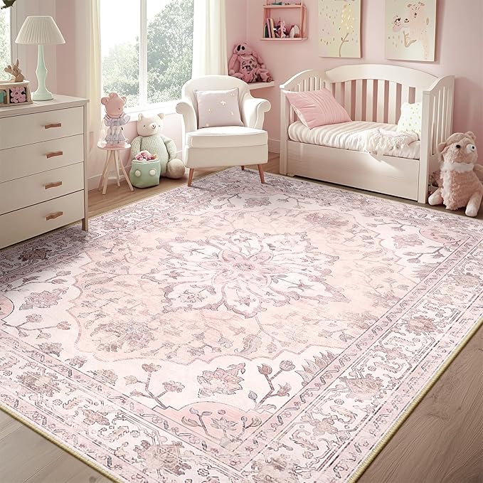 RELEANY Area Rugs 5'x7' Washable Non-Slip, Floral Vintage Distress Medallion by RELEANY