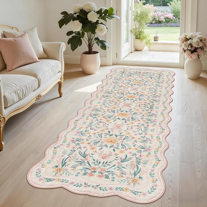 Hallway Runner Scalloped Floral Rug 2.6x8 Washable Non Slip Pink | Soft - Image 2
