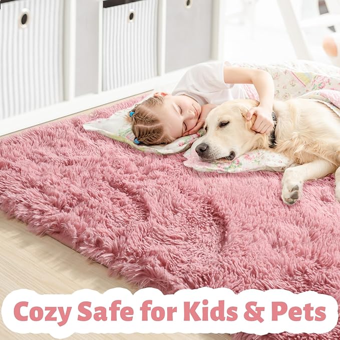 Amdrebio Blush Pink Area Rugs for Girls Bedroom, Fuzzy Furry Fluffy Kawaii Rugs - Image 2