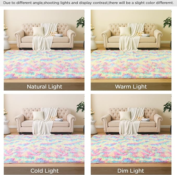 Litanika 4x6 Shag Area Rug for Living Room Bedroom, Tie-Dyed Rainbow High Pile - Image 7