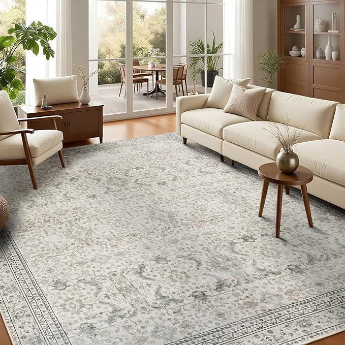 Washable Area Rugs 6x9 Floral Beige, Large Indoor Rug by Carpelux