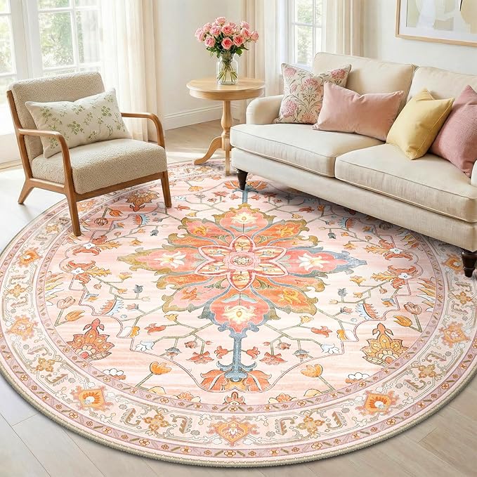 RELEANY Area Rugs Round 6ft Washable Non-Slip, Floral Vintage Distress by RELEANY
