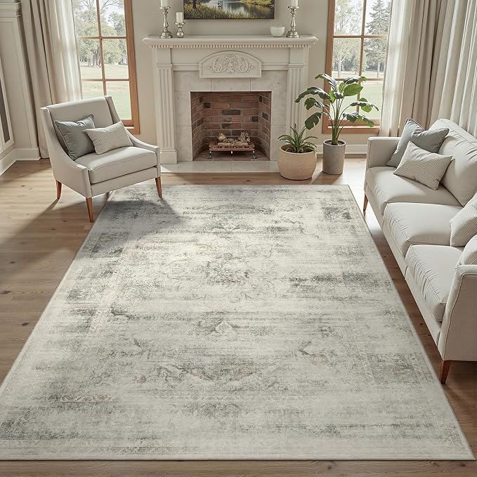 DCX 5x7 Vintage Rug, Machine Washable Stain Resistant Distressed Beige Rug by DCXWashableRug