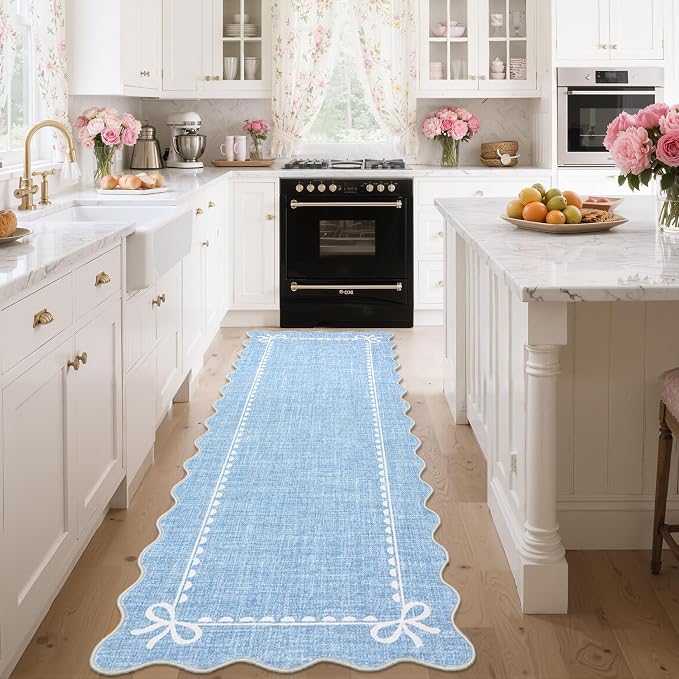 GarveeHome Scalloped Bow Rug for Living Room, Solid Blue Rug for Dorm, Washable - Image 3