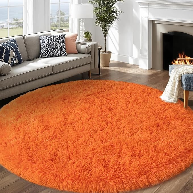 Round Orange Rug for Bedroom, 7 ft Circle Area Rugs for Living Room, Soft Large by WISHTREE