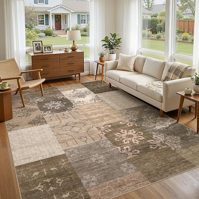 UERMEI 9x12 Area Rug for Living Room, Washable Brown Modern Geometric Patchwork - Image 2