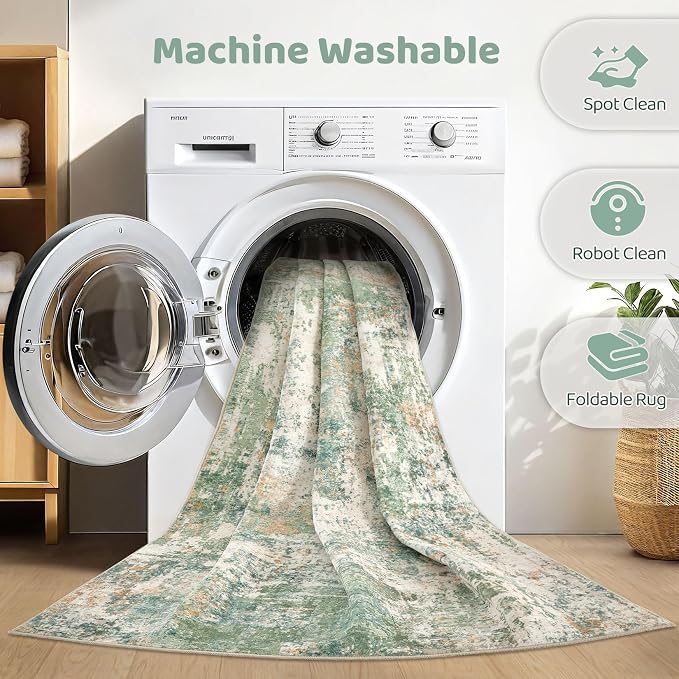 6x8 Area Rug Living Room: Washable Large Abstract Soft Green Rug Stain - Image 2