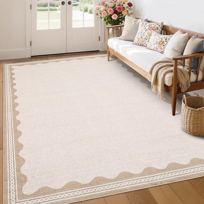 GarveeHome Scalloped Beige Washable Area Rug 6x9 Rugs - Image 2