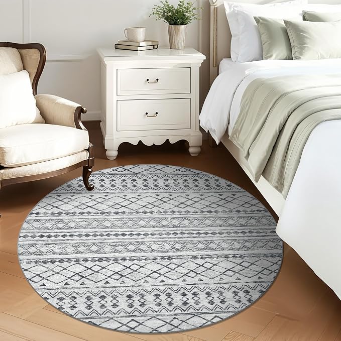 KUTA Boho Round Washable Rugs 5Ft Grey Moroccan Circle Area Rug Non-Slip Soft - Image 2