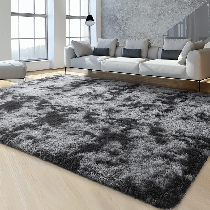 FlyDOIT Large Area Rugs for Living Room, 4x6 Feet Tie-Dyed Dark Grey Shaggy Rug - Image 8