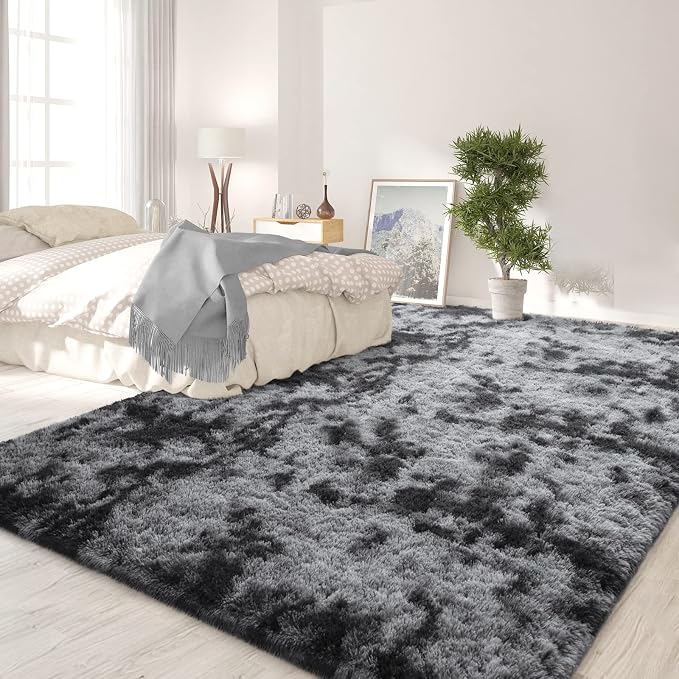 FlyDOIT Large Area Rugs for Living Room, 4x6 Feet Tie-Dyed Dark Grey Shaggy Rug - Image 3