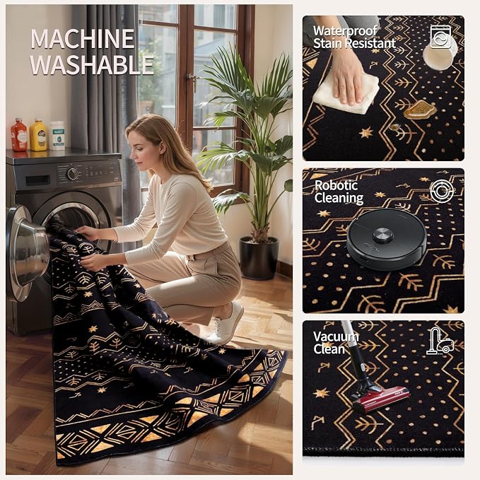 SERISSA 9x12 Area Rugs for Living Room, Washable Non-Slip Black and Gold Boho - Image 4