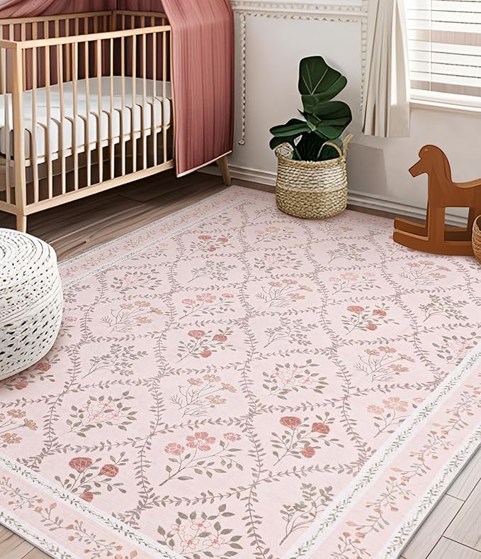 YIHOUSE Pink 6x9 Area Rug for Bedroom Girls, Floral Washable Rugs for Living - Image 3