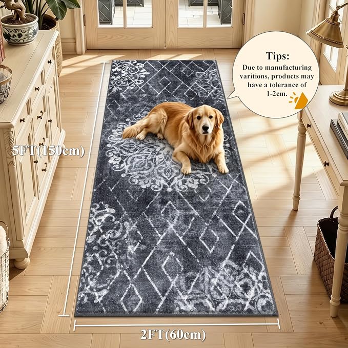 HEBE Washable Hallway Runner Rug 2'x 5' Non Slip Kitchen Rugs Runner, Low Pile - Image 2