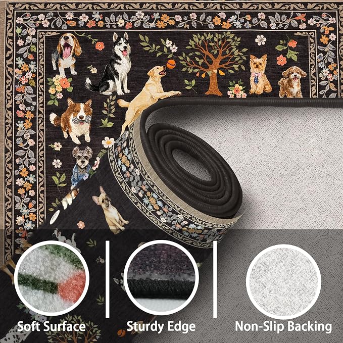 Black Floral Dog Rug Runner, 2x4 Washable Kitchen Mat Ultra-Thin Soft, Non-Slip - Image 7