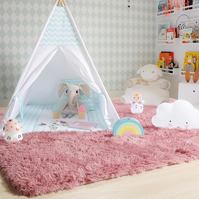 Amdrebio Blush Pink Area Rugs for Living Room Girls Bedroom, 6x9 Kawaii Shaggy - Image 7