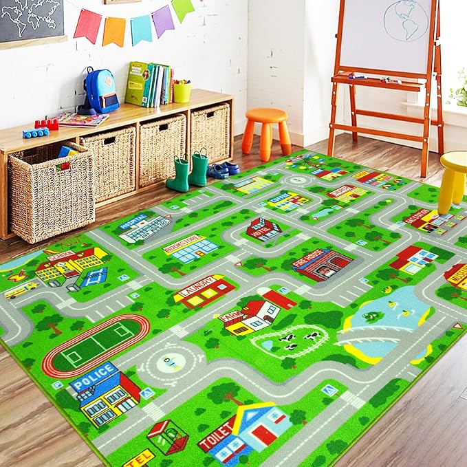 Capslpad Green Car Road Kid Rug Carpet Playmat by CapslpadDirect