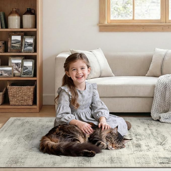 DCX 5x7 Vintage Rug, Machine Washable Stain Resistant Distressed Beige Rug - Image 7