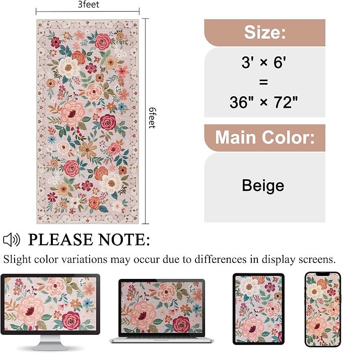 DUKINO 3x6 Runner Rug, Washable Soft Floral Hallway Runner Rug - Image 2