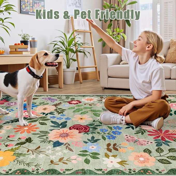 Round Area Rug for Living Room: 8 ft Floral Washable Circle Rug Soft Boho - Image 6