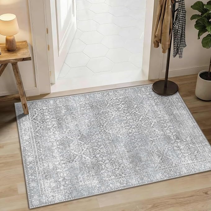 Latte&Fog 2x3 Entryway Rug, Small Vintage Grey Door Mat, Washable Kitchen Rug by LatteFog