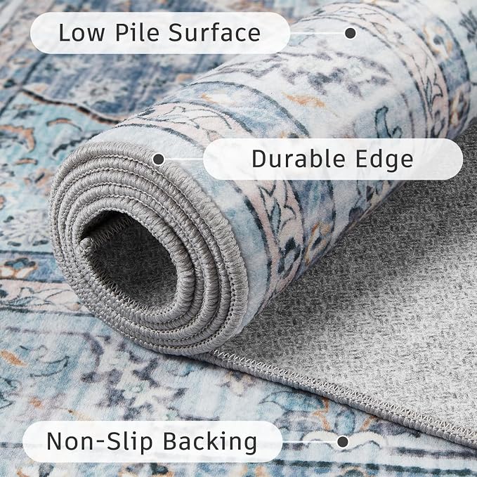 DCX Machine Washable Blue and Beige 2x6 Runner Rug, Non Slip Stain Resistant - Image 4