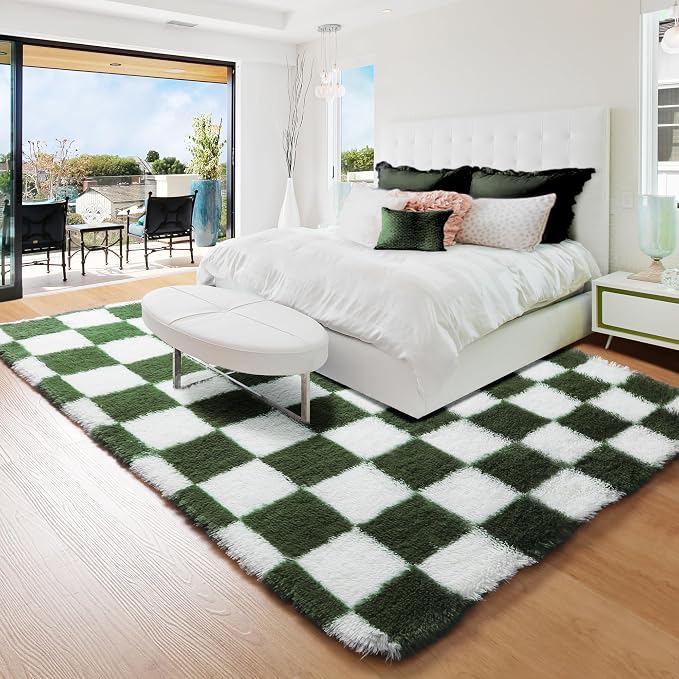 KICMOR Area Rugs for Bedroom Living Room, 4x6 Soft Fluffy Olive Green and White - Image 3
