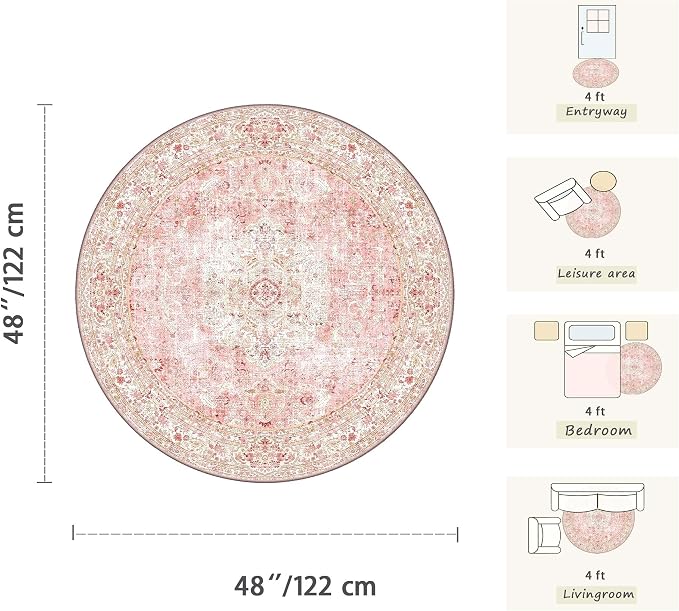 Latte&Fog Vintage 4ft Pink Round Area Rug, Floral Cute Low Pile Non Slip Indoor - Image 2