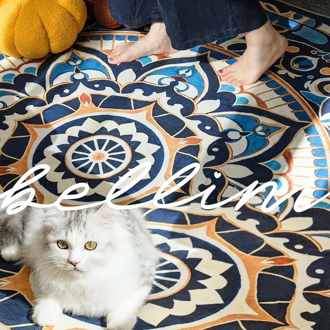 jinchan Mandala Round Rug 8ft Blue Boho Washable Rug Moroccan 8' Round Modern - Image 3