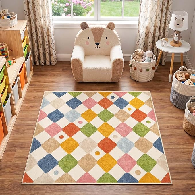 jinchan Macy Area Rug for Kids Room 4'x4' Square Rug Modern Colorful Nursery by JINCHAN