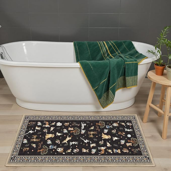 Black Floral Dog Rug Runner, 2x4 Washable Kitchen Mat Ultra-Thin Soft, Non-Slip - Image 2