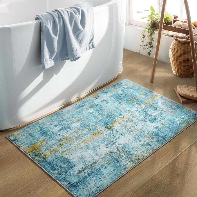 Entryway Rug 3x5 Teal Blue Bedroom Area Rug Washable Non Slip Abstract Boho Rugs - Image 5