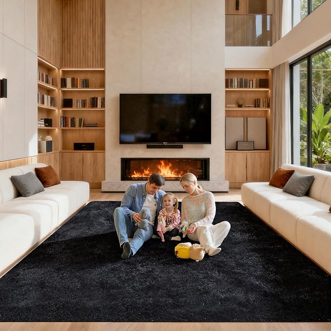 Black Area Rugs 9x12 Living Room, Large Fluffy Rugs by Unknown
